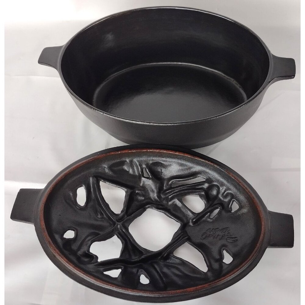 John Wright Vintage LL Bean Ornate Black Enameled Cast Iron Steamer Pine Needles - Picture 8 of 13